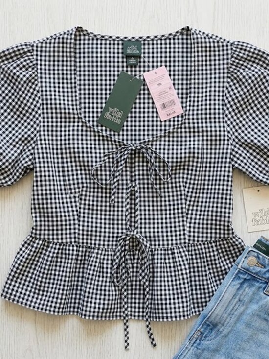 wild fable Jackets & Blazers - NWT Wild Fable Gingham Tie-Front Peplum Top Puff Sleeve Black White XS